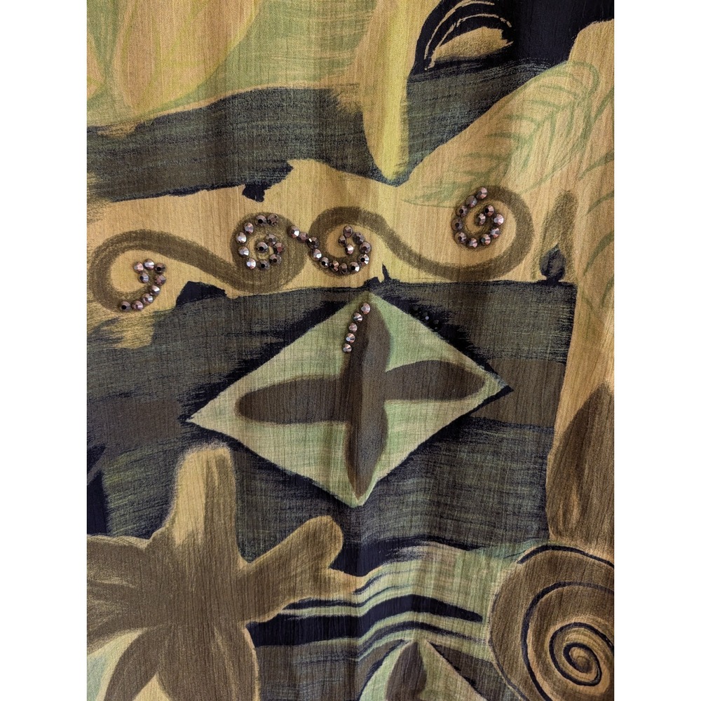 Vintage 90s/Y2K Abstract Art Print Beaded Duster Green M Lagenlook Artistic - Picture 7 of 10